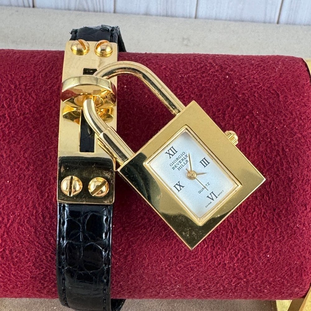 Giorgio Beverly Hills Women's Watch Gold Tone Lock Black Leather Bracelet - Picture 6 of 10